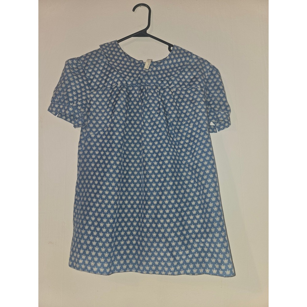 Fossil Blue White Crown Print Cotton Silk Peter Pan Collar Puff Sleeve Blouse S